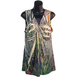 One World Blouse Women's Multi Color Embellished V-Neck Top Blouse Sz L